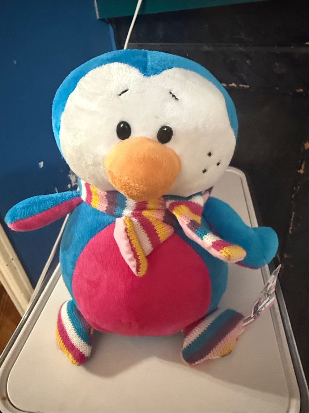 GANZ Blue and Pink Plush Penguin with Striped Scarf